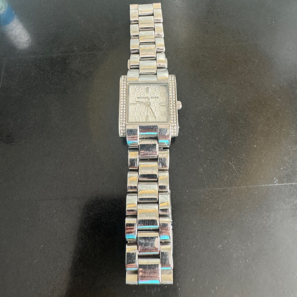 Michael Kors Silver-tone Crystal Accent Square Dial Bracelet Watch